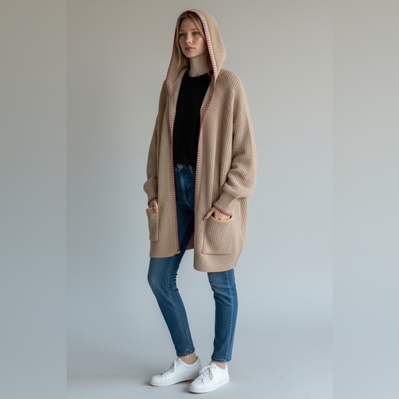 NWT Kerri Rosenthal Long Open Front Cream Cardigan Smiley Face XL - Picture 15 of 15